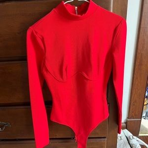 Red ribbed corset style turtle neck french cut bodysuit